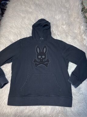 Psycho Bunny Hoodie Men’s Size Large All Black Logo High Pile Chenille Bunny